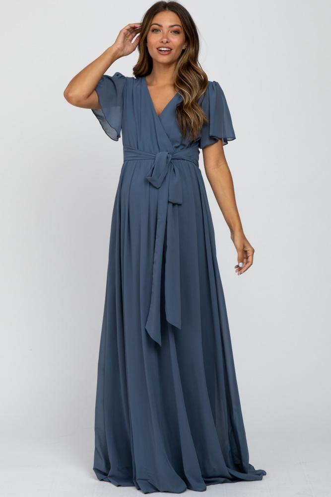 blue chiffon short sleeve maternity maxi dress