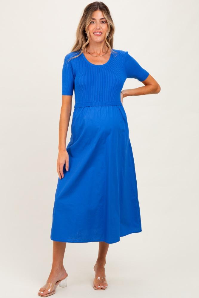 blue contrast knit top maternity midi dress