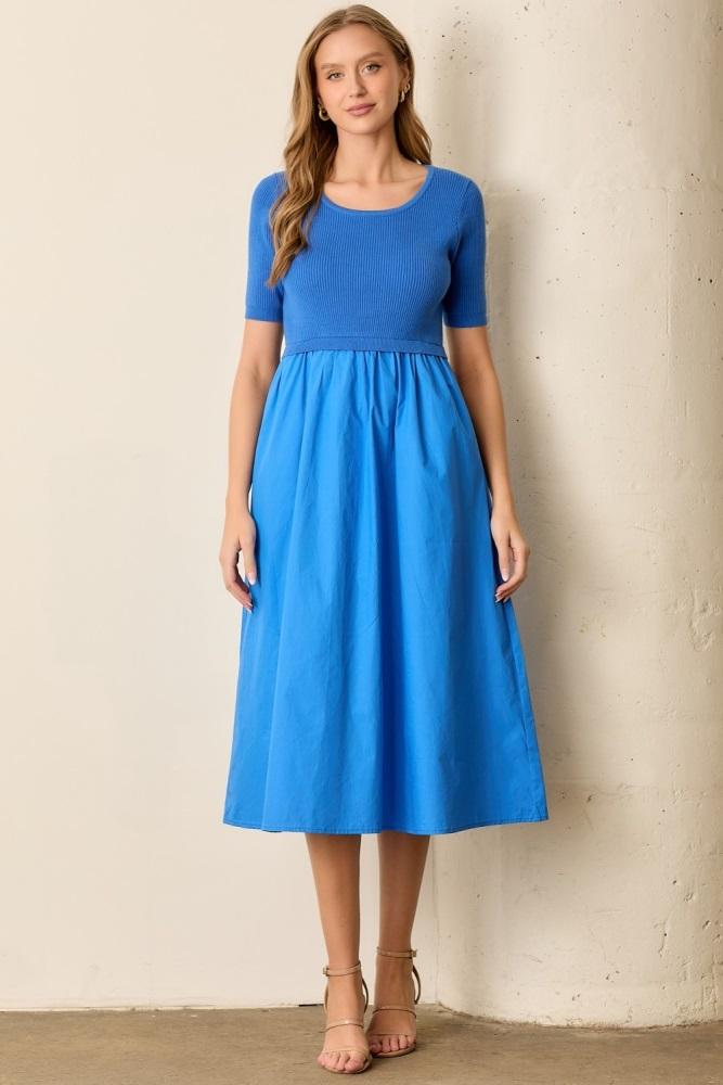blue contrast knit top midi dress