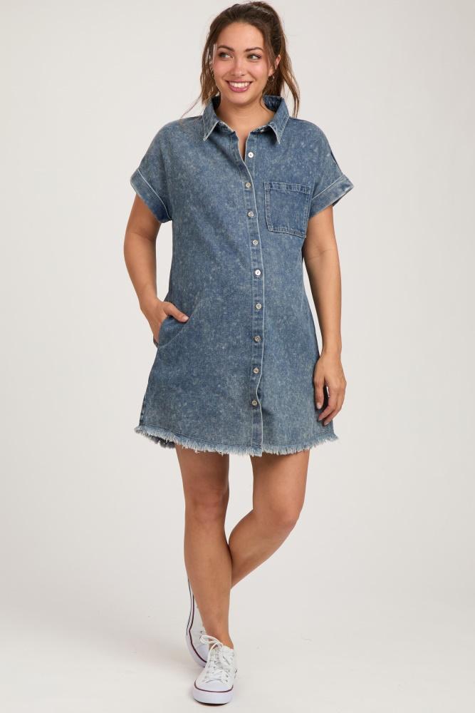 blue denim button up maternity dress