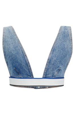 blue-denim top with branded waistband- turquoise women's clothing