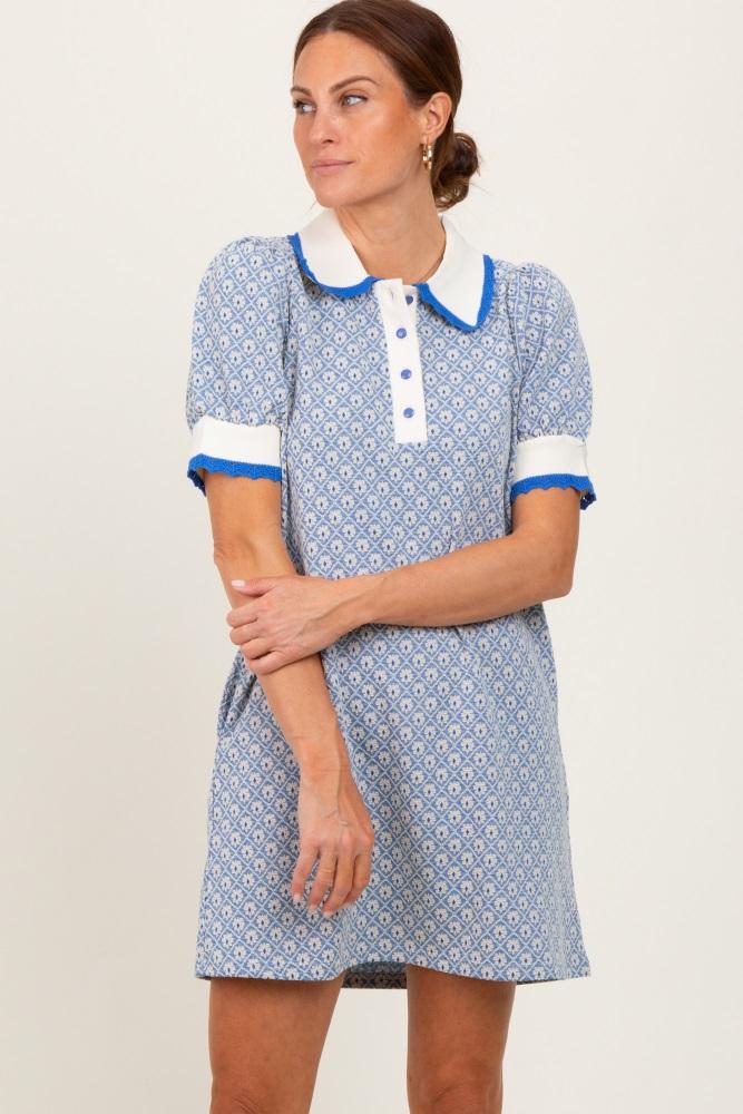 blue diamond print crochet trim polo dress