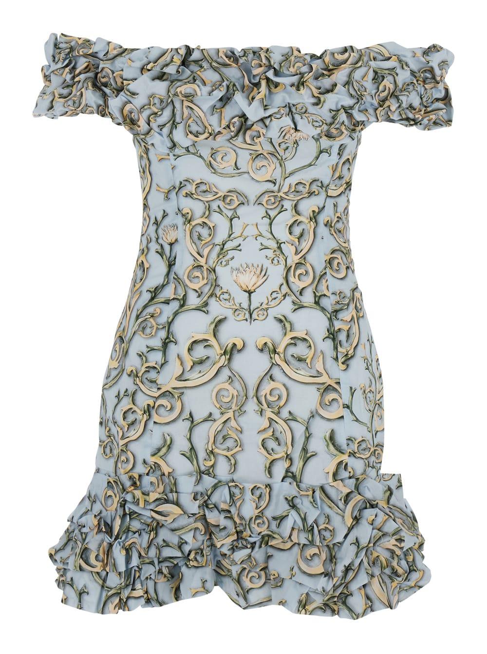 blue dress with ruche and all-over floral printed motif in cotton woman