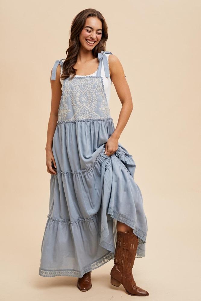 blue embroidered ruffle tiered apron dress
