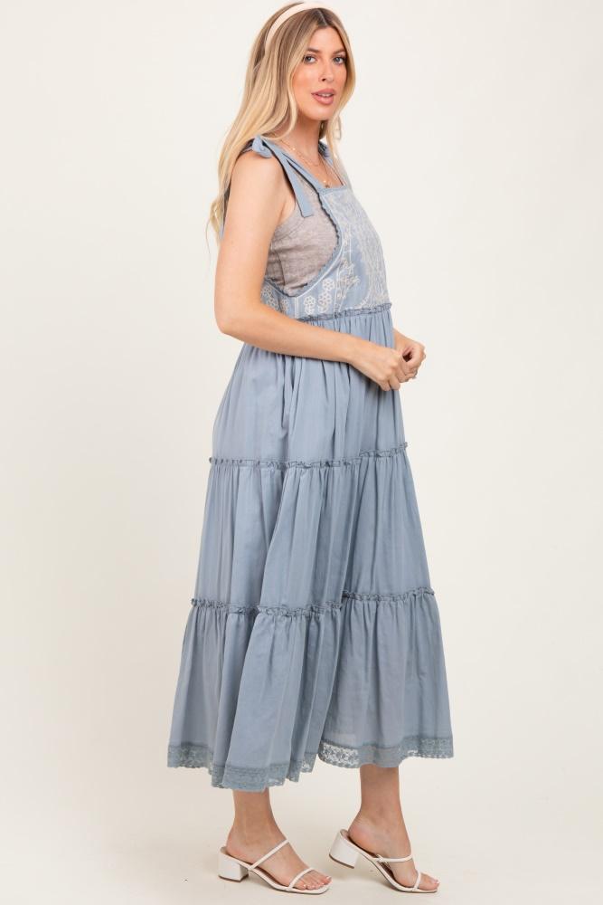 blue embroidered ruffle tiered apron maternity dress