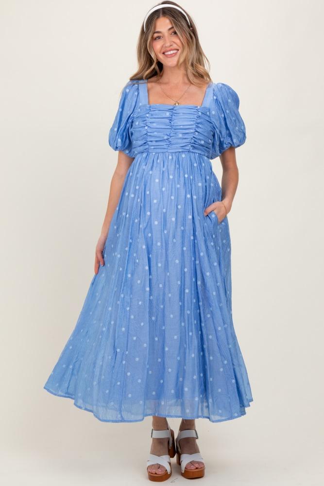 blue embroidered shirred puff sleeve maternity maxi dress