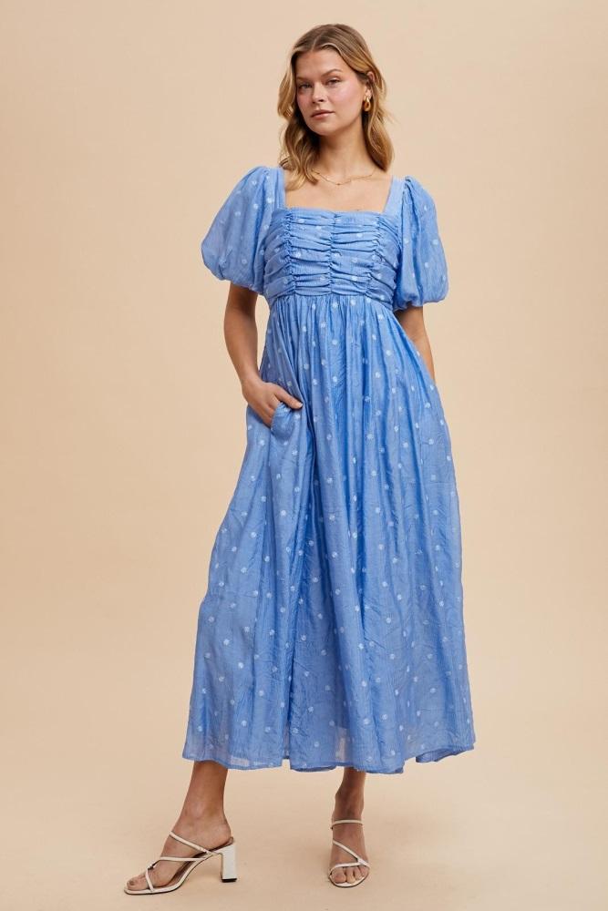 blue embroidered shirred puff sleeve maxi dress