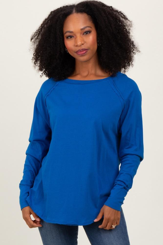 blue exposed seam thumbhole long sleeve top