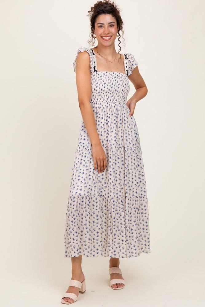 blue floral bow trim lace detail smocked maxi dress