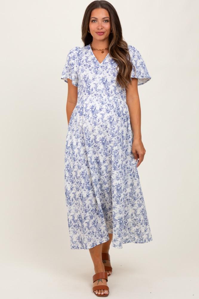 blue floral button up tiered maternity midi dress
