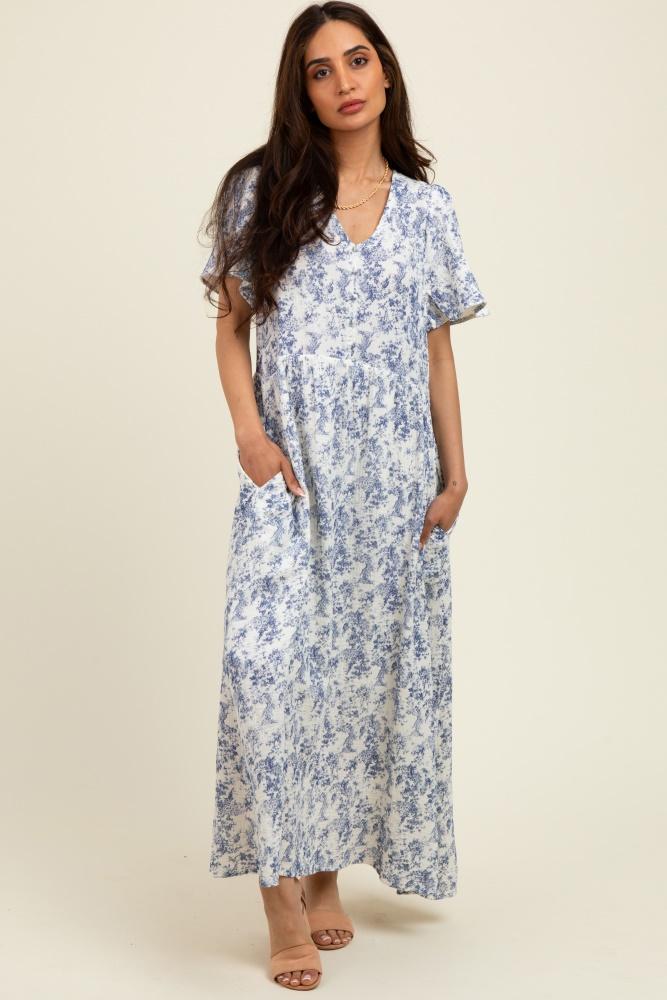 blue floral button up tiered midi dress