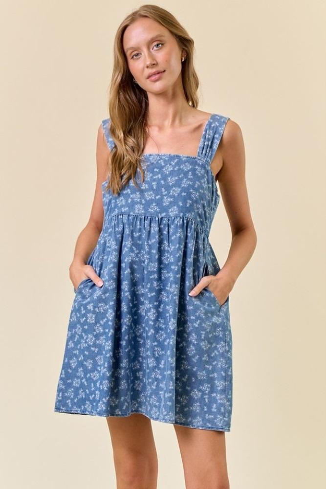 blue floral chambray mini dress