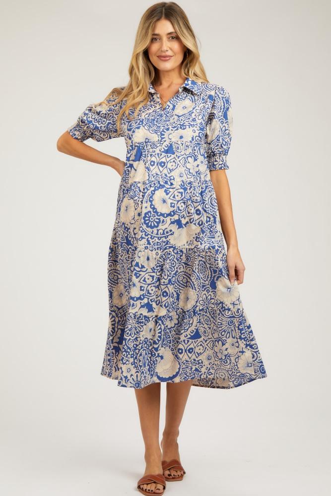 blue floral collared tiered maternity midi dress