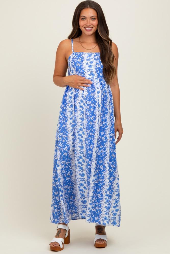 blue floral colorblock sleeveless maternity maxi dress