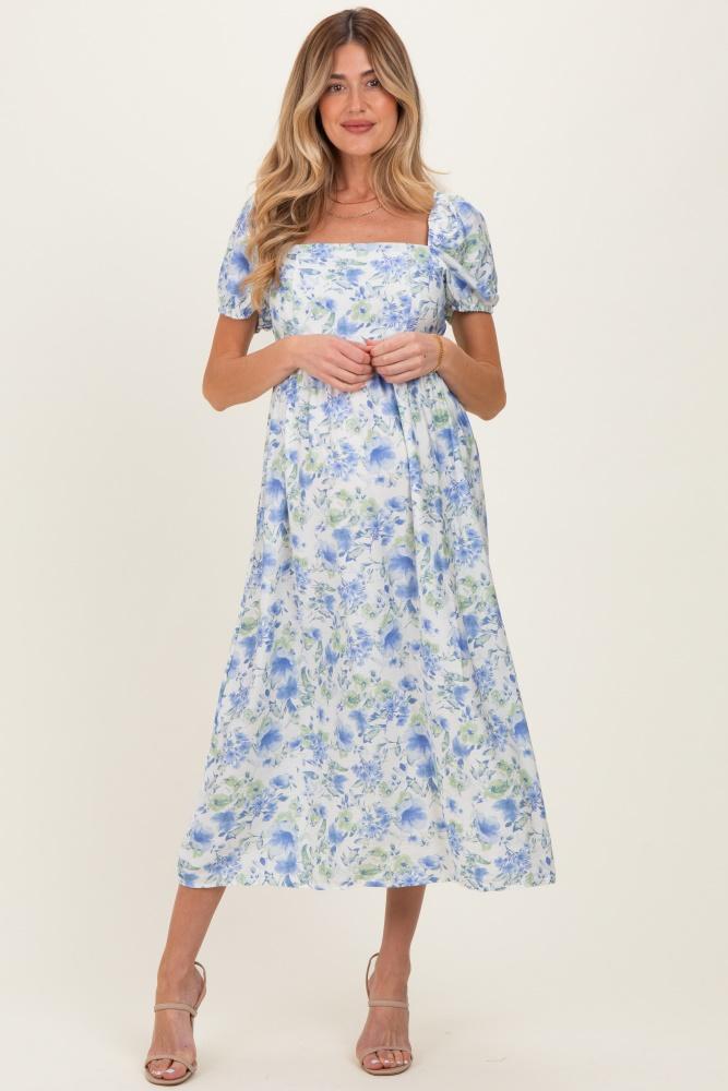blue floral crisscross back maternity midi dress