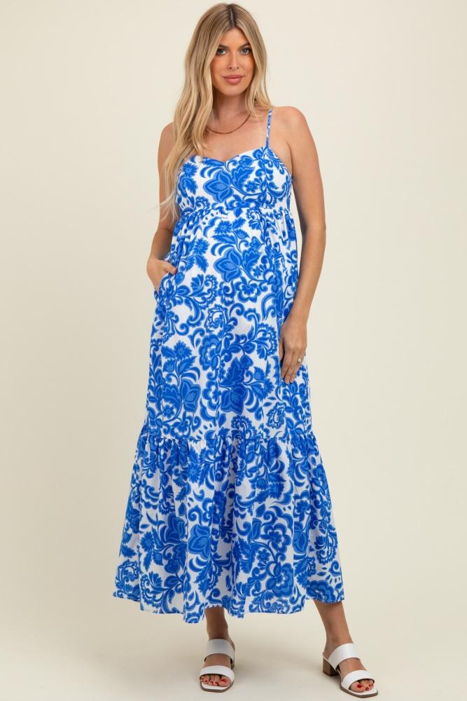 blue floral flowy ruffle hem maternity maxi dress