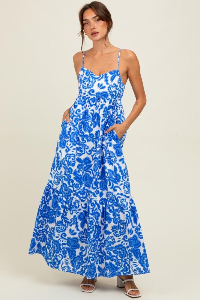 blue floral flowy ruffle hem maxi dress