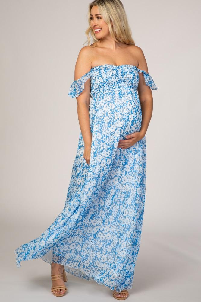 blue floral flutter sleeve maternity maxi dress