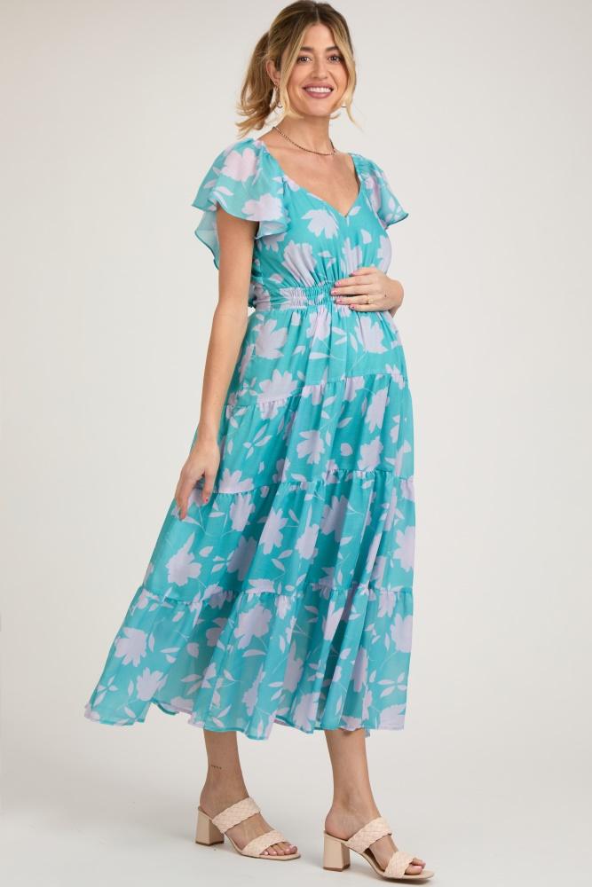 blue floral flutter sleeve tiered maternity maxi dress
