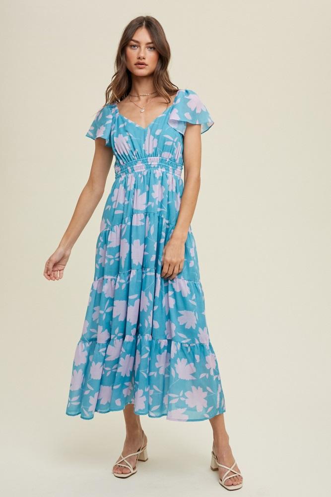 blue floral flutter sleeve tiered maxi dress