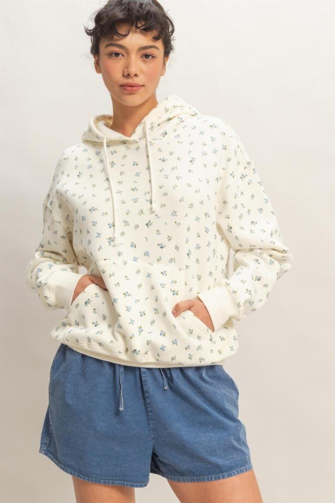 blue floral french terry hoodie