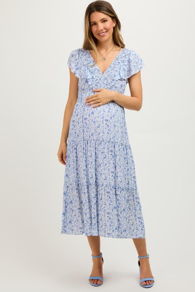blue floral front ruched ruffle shoulder tiered maternity midi dress
