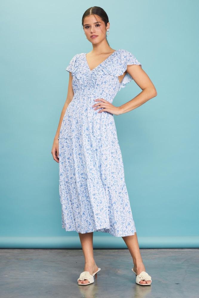 blue floral front ruched ruffle shoulder tiered midi dress