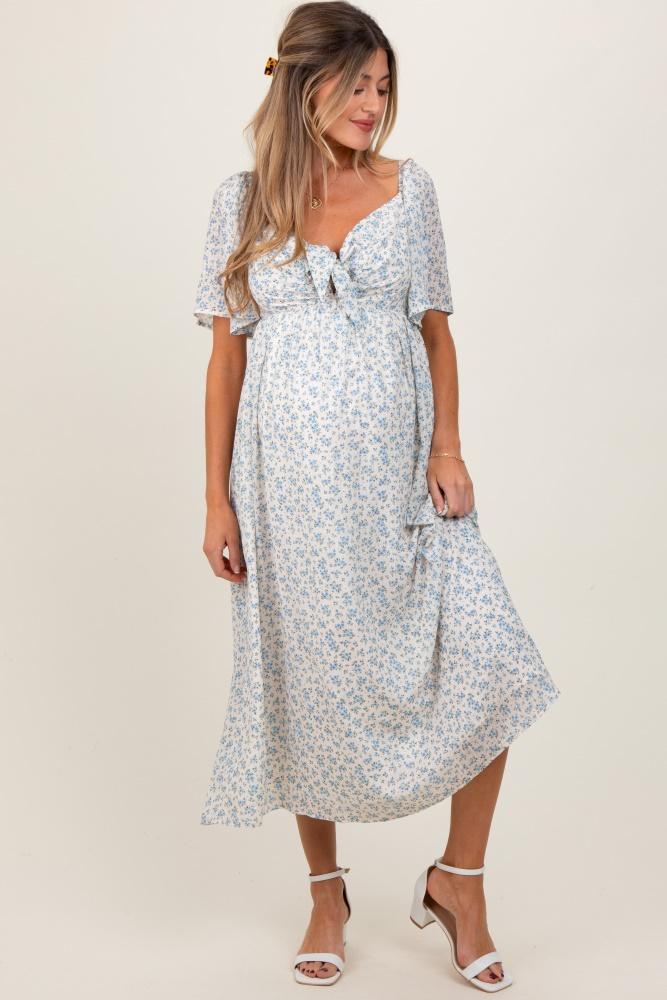 blue floral front tie maternity midi dress