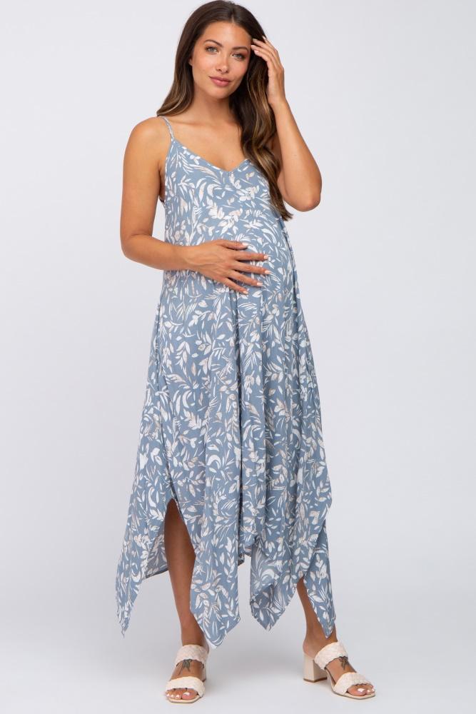 blue floral handkerchief maternity midi dress