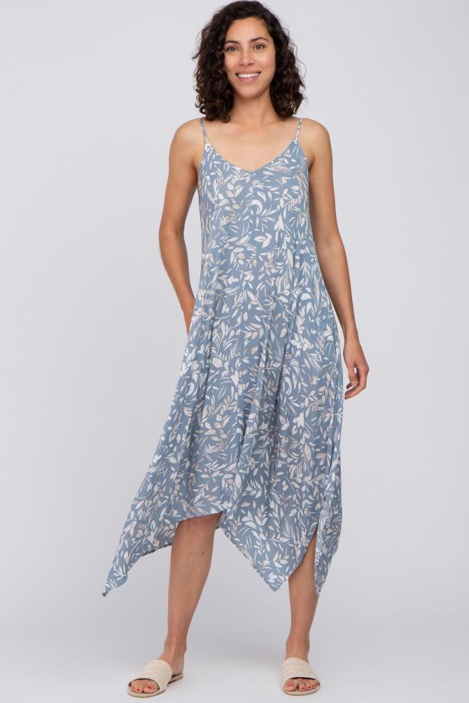 blue floral handkerchief midi dress