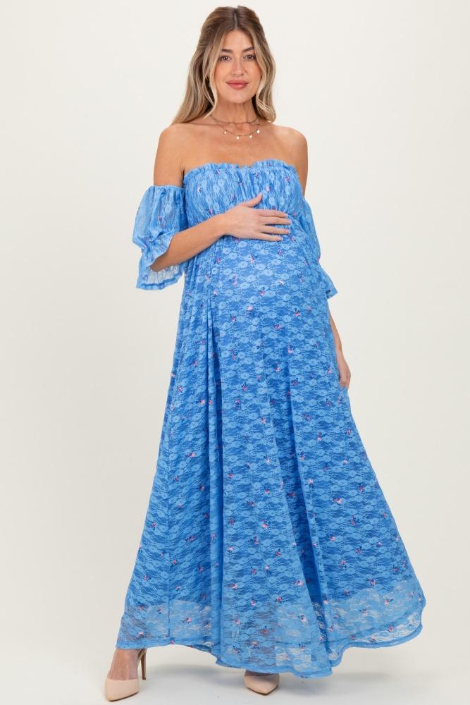 blue floral lace off shoulder ruffe sleeve maternity maxi dress
