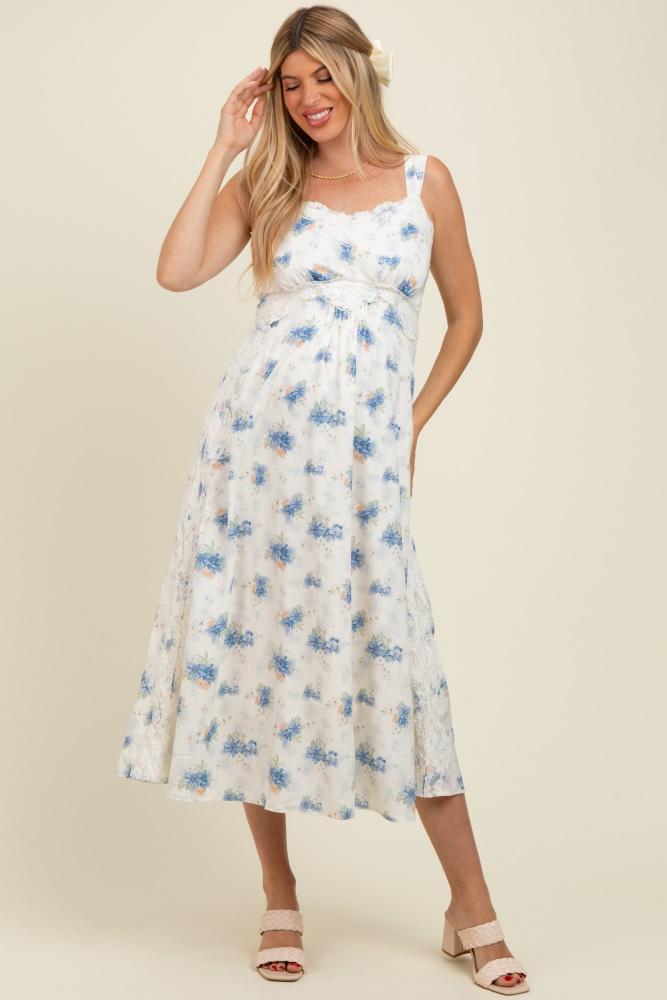 blue floral lace overlay maternity maxi dress