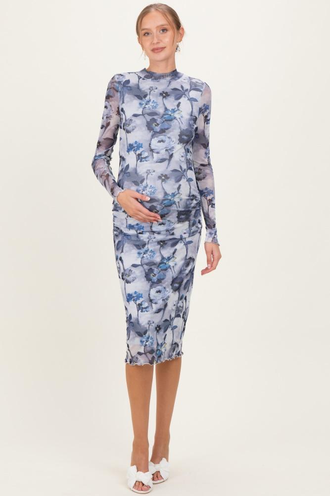 blue floral mesh long sleeve maternity midi dress