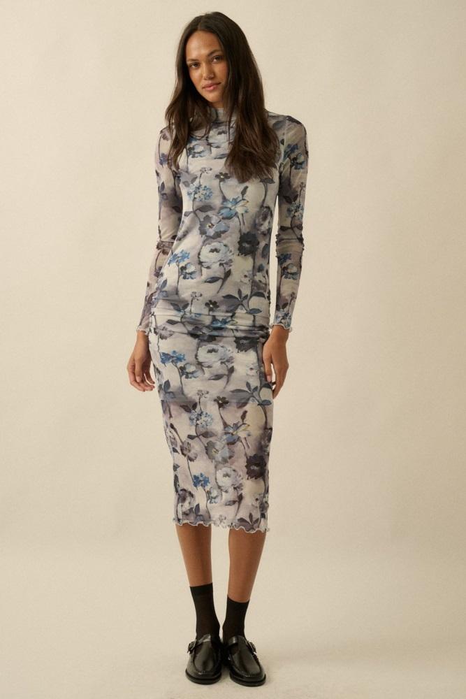 blue floral mesh long sleeve midi dress