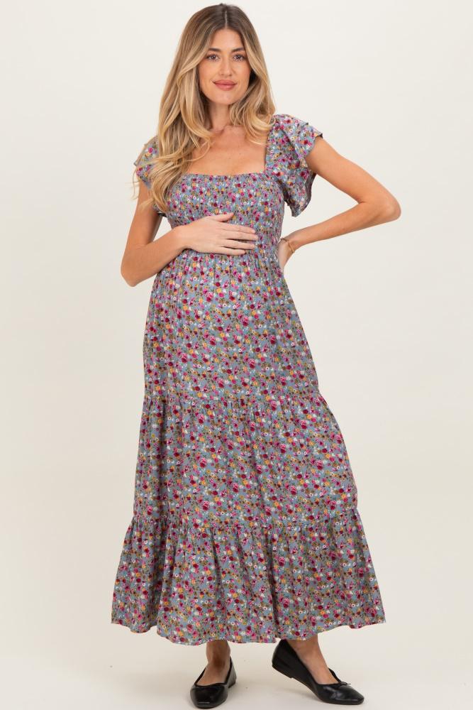 blue floral off shoulder smocked maternity maxi dress