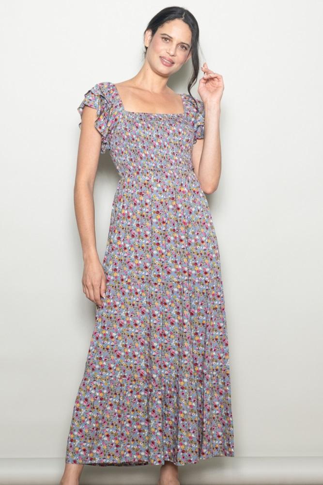 blue floral off shoulder smocked maxi dress