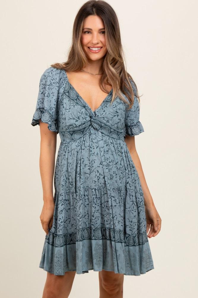 blue floral paisley knot v-neck short sleeve maternity dress