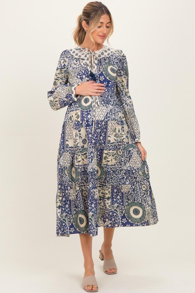 blue floral patchwork print front tie maternity midi dress