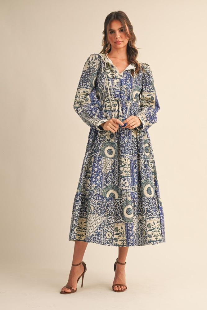 blue floral patchwork print front tie midi dress