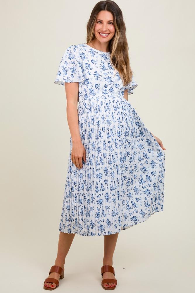 blue floral peated maternity midi dress