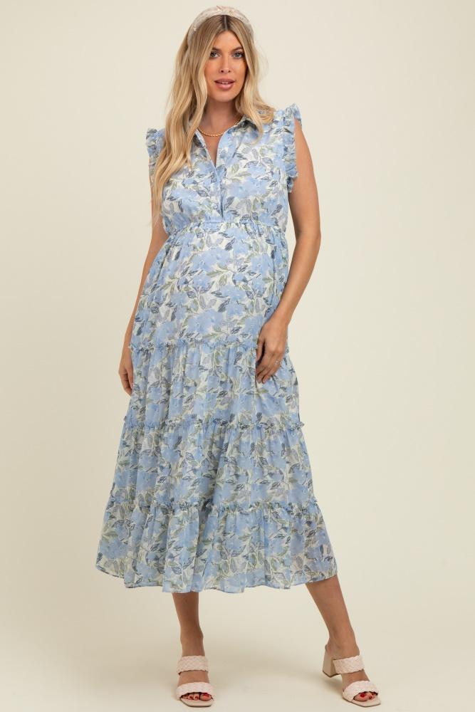 blue floral print frilled pocketed maternity midi dress