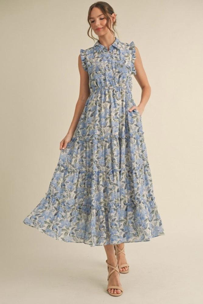 blue floral print frilled pocketed midi dress