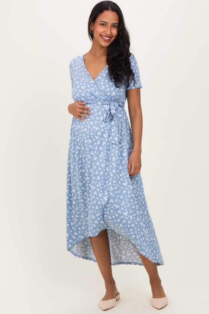 blue floral print short sleeve hi-low maternity wrap dress