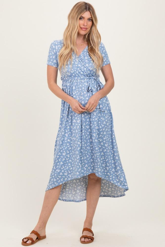 blue floral print short sleeve hi-low wrap dress