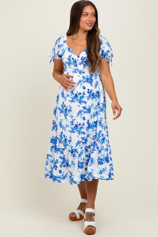 blue floral puff sleeve tie maternity midi dress
