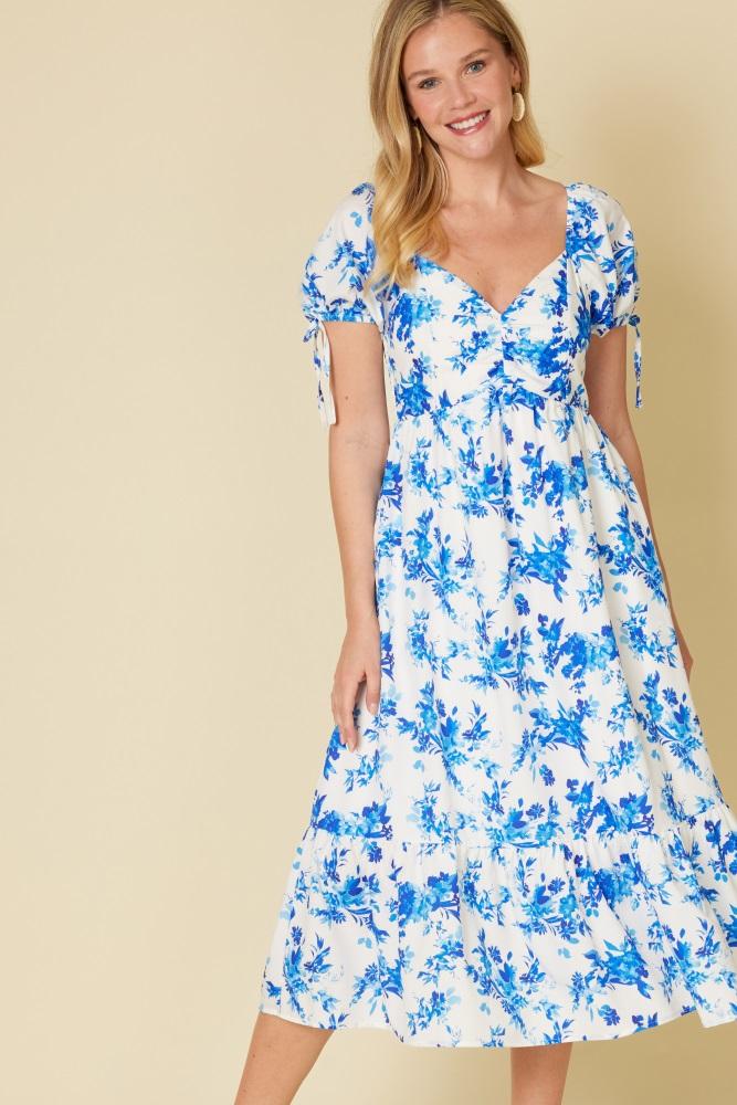 blue floral puff sleeve tie midi dress