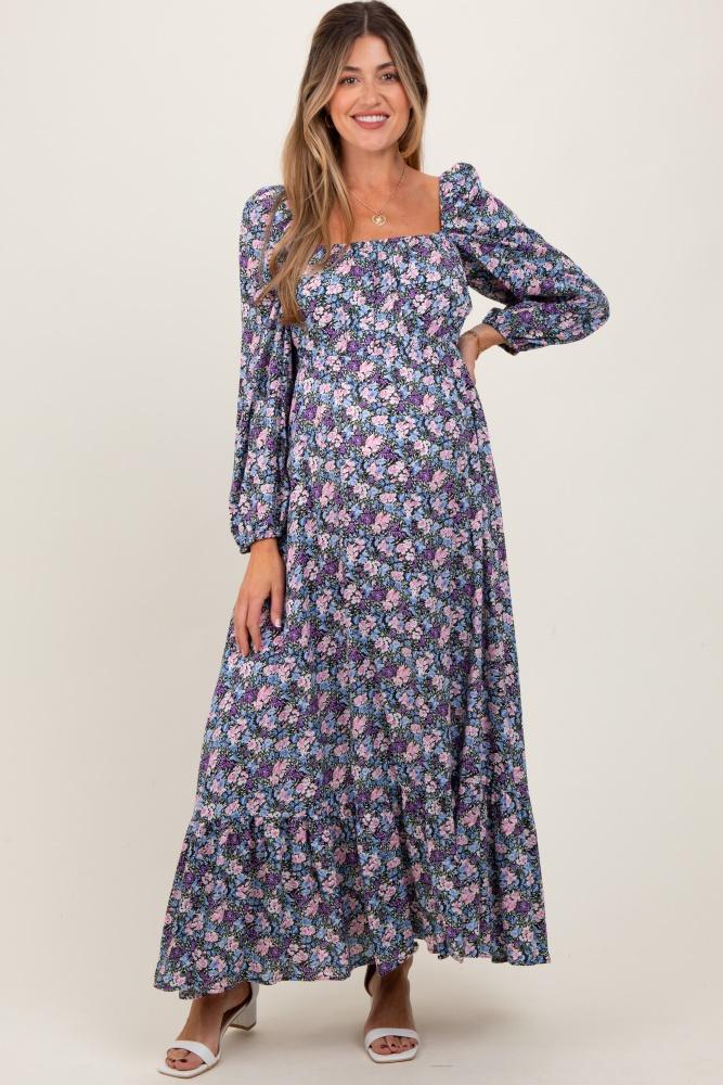 blue floral reversible long sleeve maternity maxi dress