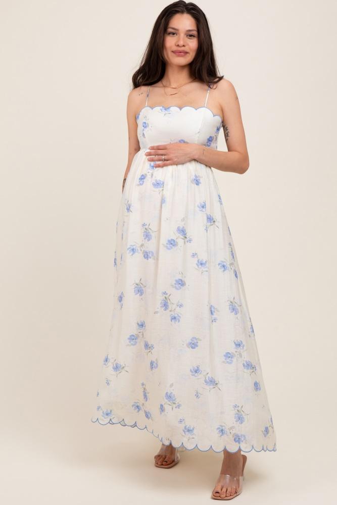 blue floral scallop edge back cutout maternity maxi dress