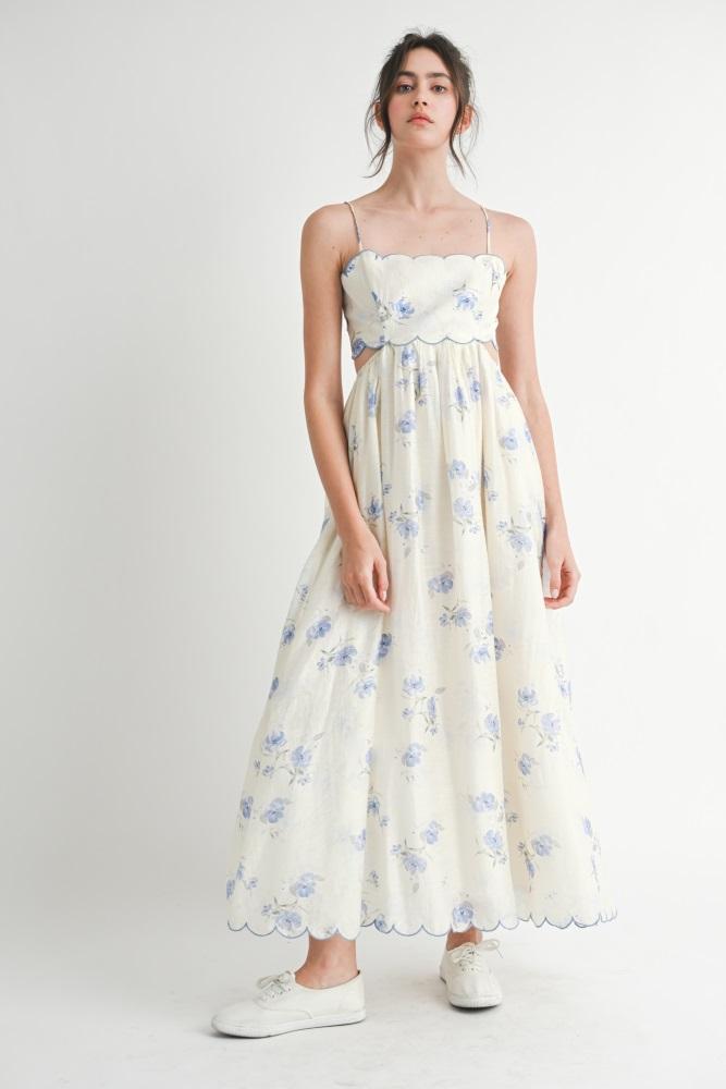blue floral scallop edge back cutout maxi dress