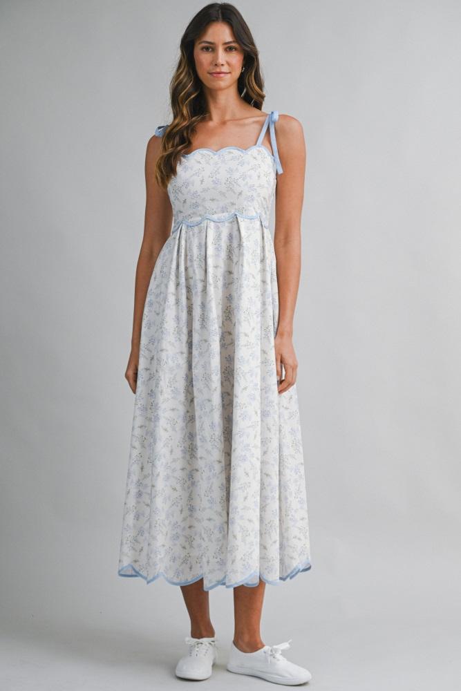blue floral scallop hem shoulder tie midi dress